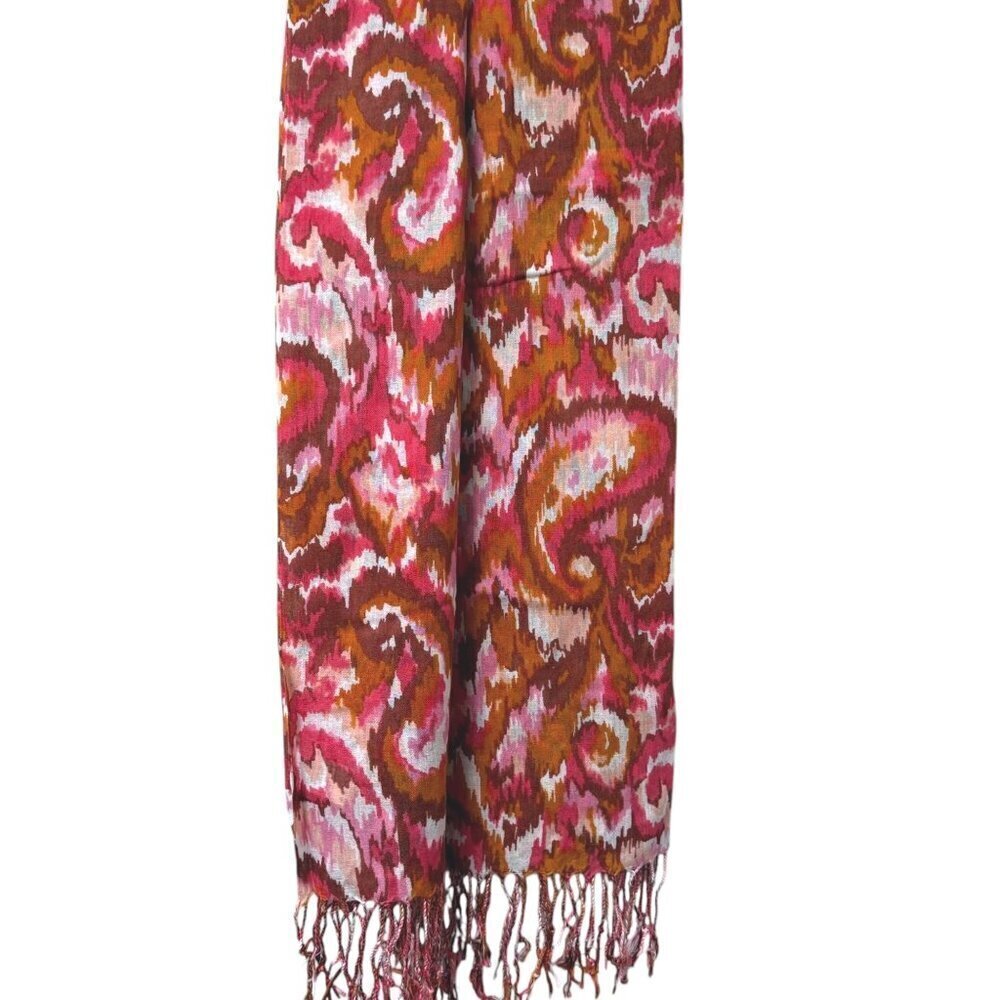 ISAAC MIZRAHI Live! Paisley Ikat Scarf Pink Print Rayon Fringed Oblong